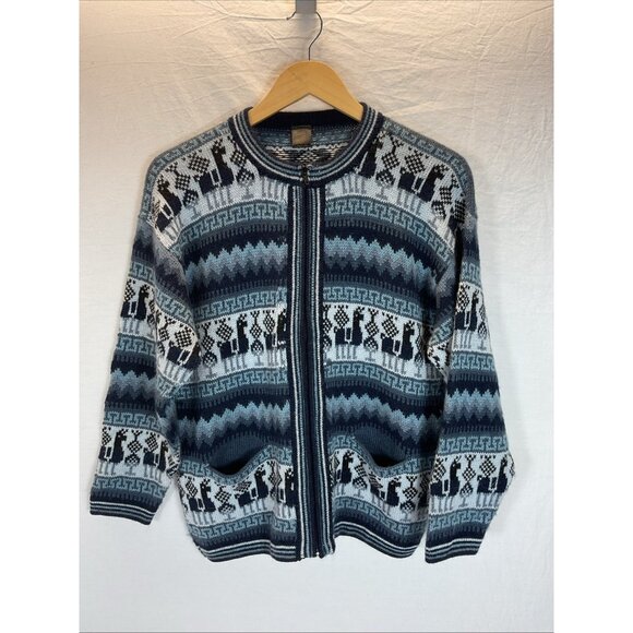 Arcohi's 100% Alpaca Navy Grey Cardigan Zip Up Sweater Pockets size M‎ fair isle - Picture 1 of 9